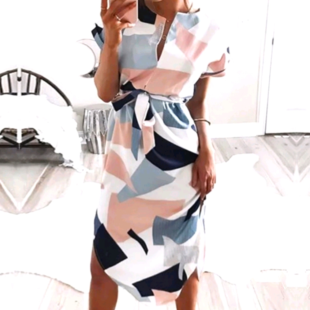 COPY - Mid Length Geometric Print Short Sleeve Dr…